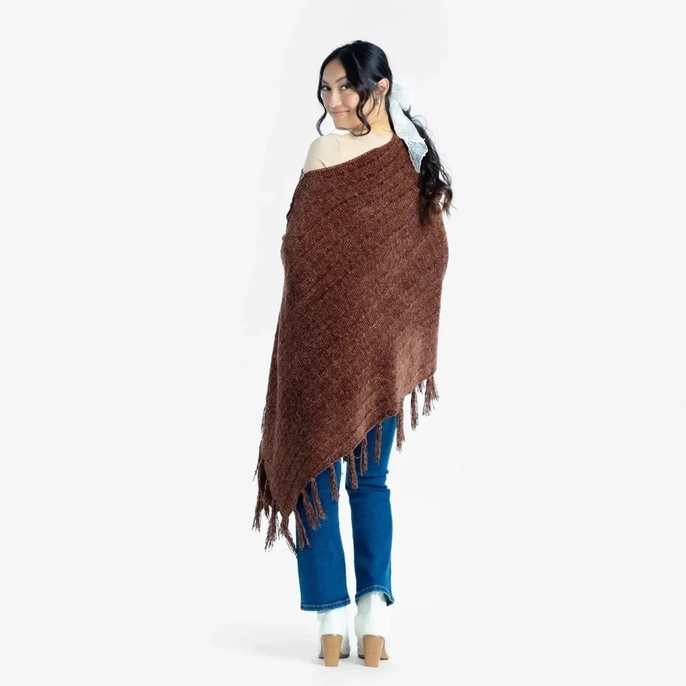 LULAROE Mimi Poncho Chocolate Brown Knit Sweater Wrap Chenille One Size - Picture 3 of 7